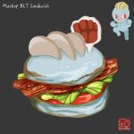  artist_logo artist_name bacon bread burger food food_focus food_name grey_background highres lettuce machop meat no_humans pokemon pokemon_(creature) simple_background tomato tomato_slice yuki00yo 