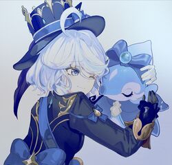  ahoge asymmetrical_gloves black_gloves blue_hair blue_hat blue_jacket drop-shaped_eyelashes drop-shaped_pupils fish furina_(genshin_impact) genshin_impact gloves hat highres hug jacket kodona light_blue_hair lolita_fashion mismatched_gloves mohuku94 one_eye_closed seahorse smile surintendante_chevalmarin symbol-shaped_pupils top_hat white_gloves 