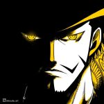  1boy aboude_art artist_name beard black_hair commentary dracule_mihawk facial_hair hat instagram_logo instagram_username limited_palette looking_at_viewer male_focus mustache one_piece short_hair sideburns signature solo spot_color yellow_eyes 