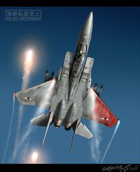  1boy ace_combat ace_combat_zero aim-9_sidewinder aircraft airplane blue_sky contrail dated emblem f-15_eagle fighter_jet flares_(countermeasure) helmet highres jet larry_foulke letterboxed military_vehicle missile pilot signature sky solo watermark zephyr164 