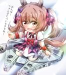  1girl animal_ears argyle_bow bow brown_eyes brown_hair chibi dress hair_bow horse_ears horse_girl horse_tail layered_dress long_hair millennium_falcon multiple_hair_bows name_connection pink_bow pointing puffy_short_sleeves puffy_sleeves purple_bow red_bow riding short_sleeves sidelocks sitting smart_falcon_(umamusume) solo star_wars sugi_(user_nash8444) tail twintails two-tone_bow umamusume wariza 