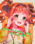  1girl blush dated green_eyes hair_ornament happy_birthday highres hood hoodie idolmaster idolmaster_(classic) kori_(spinsongs) looking_at_viewer open_mouth orange_hair smile solo star_(symbol) star_hair_ornament takatsuki_yayoi twintails upper_body 