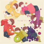  6+boys :3 apple bowl_cut brothers brown_hair closed_eyes copyright_name dated food frown fruit grapes green_eyes half-closed_eyes heart heart_in_mouth highres hood hoodie kiwi_(fruit) kiwi_slice long_sleeves looking_to_the_side male_focus matsuno_choromatsu matsuno_ichimatsu matsuno_jyushimatsu matsuno_karamatsu matsuno_osomatsu matsuno_todomatsu messy_hair multiple_boys open_mouth orange_(fruit) orange_slice osomatsu-san osomatsu_(series) pants pink_eyes ponponzutea red_eyes shoes short_hair shorts siblings slippers smile sneakers strawberry sweat typo violet_eyes yellow_eyes 
