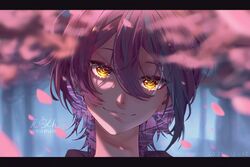  1boy absurdres amber_eyes artist_name blurry blurry_foreground dated earrings falling_petals glowing glowing_eyes hat0_kun highres jewelry kamishiro_rui letterboxed looking_at_viewer petals pink_hair pink_petals project_sekai purple_hair smile solo wonderlands_x_showtime_(project_sekai) 