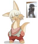  1other :3 androgynous animal_ears body_fur brown_fur colored_eyelashes furry gyaru_v hand_on_own_hip highres jitome looking_at_viewer made_in_abyss meme nanachi_(made_in_abyss) open_mouth other_focus pants pouch puffy_pants rabbit_ears red_pants reference_photo short_hair sidelocks simple_background smile solo standing tail uis0 v whiskers white_background yellow_eyes 