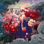  1girl 1other blue_skirt brown_sweater bug bush butterfly commentary floating_hair flower freckles hair_flower hair_ornament house long_hair long_skirt looking_to_the_side orchard original outdoors profile redhead shwanpai skirt standing sweater tree wind 