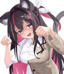  1girl ai_(u_e_o_o) animal_ear_fluff animal_ears azki_(4th_costume)_(hololive) azki_(hololive) black_hair blush breasts cat_ears cat_girl cat_tail colored_inner_hair dress fang hair_between_eyes hair_intakes hair_ornament hairclip hands_up highres hololive large_breasts long_hair looking_at_viewer multicolored_hair official_alternate_costume open_mouth pink_hair shaded_face simple_background skin_fang smile solo streaked_hair tail upper_body violet_eyes virtual_youtuber white_background white_dress white_hair 