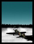  absurdres aircraft airplane blue_sky dust_cloud fisher_art forest highres la-5 military nature original sky snow soviet tree vehicle_focus 