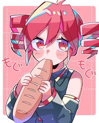  1girl baguette blush_stickers bread detached_sleeves drill_hair eating fang food holding holding_food kasane_teto long_sleeves looking_at_viewer pink_hair red_eyes shirt sleeveless sleeveless_shirt solo translation_request twin_drills utau yuusuke-kun 