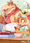  1boy 1girl ahoge animal_ears animal_hands animal_nose apron argyle_apron argyle_clothes artist_name bandana bandana_around_neck blonde_hair blue_apron blurry blurry_background blurry_foreground blush body_fur bowl brown_eyes cake character_name chocolate_cake claws coco_bandicoot colored_sclera colored_skin commentary_request cooking crash_bandicoot_(series) dark_skin dingodile earrings eating english_text eyewear_on_head finger_in_own_mouth flat_chest food furry furry_female furry_male goggles green_apron green_eyes hands_up heart highres holding holding_bowl huge_ahoge jewelry looking_at_another looking_to_the_side medium_hair mixing_bowl multicolored_skin open_mouth orange_fur pink_scrunchie pink_trim plaid_apron plaid_clothes ponytail red_bandana reptile_boy scrunchie sharp_teeth shirt short_sleeves sidelocks sparkle standing teeth thumbs_up tongue twitter_username two-tone_fur two-tone_skin upper_body valentine vex_(human_vex) waist_apron watermark whisk white_shirt wrist_scrunchie yellow_fur yellow_sclera yellow_skin 