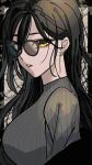  1girl :o absurdres bespectacled black-framed_eyewear black_hair breasts glasses highres idolmaster idolmaster_shiny_colors large_breasts long_hair looking_at_viewer paddy_field ribbed_sweater shirase_sakuya solo sunglasses sweater upper_body very_long_hair yellow_eyes 