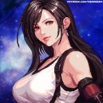  1girl absurdres arm_guards artist_name aurakera black_hair blue_background breasts closed_mouth dangle_earrings earrings final_fantasy final_fantasy_vii final_fantasy_vii_remake highres jewelry large_breasts lips long_hair looking_at_viewer patreon_username pixel_art portrait red_eyes solo suspenders swept_bangs tank_top tifa_lockhart upper_body web_address white_tank_top 
