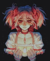  1girl black_background bow choker commentary dress english_commentary gloves hair_between_eyes hair_bow highres kaname_madoka kaname_madoka_(magical_girl) magical_girl mahou_shoujo_madoka_magica mahou_shoujo_madoka_magica_(anime) pink_dress pink_eyes pink_hair puffy_sleeves short_twintails solo soul_gem twintails upper_body white_gloves 