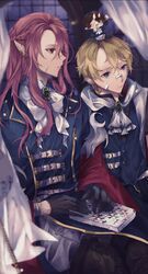  3boys alternate_costume alternate_universe androgynous bishounen blonde_hair blue_eyes boots bow brown_hair commentary english_commentary gem highres horns keitsuki_akiho kodona lolita_fashion long_hair male_focus minecraft_youtube mini_person miniboy multiple_boys on_head pink_hair pointy_ears red_eyes scar short_hair sitting technoblade tommyinnit wilbur_soot 