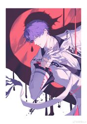  1boy absurdres chain coat cowboy_shot crackingtaro frills gloves highres lapels light long_sleeves looking_afar love_and_deepspace male_focus neckerchief parted_bangs parted_lips rafayel_(love_and_deepspace) shadow shirt short_hair solo vest violet_eyes white_coat white_gloves white_neckerchief white_shirt white_vest 