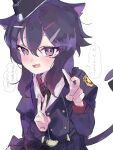  1girl animal_ears belt black_belt black_hat blue_archive blush cat_ears cat_girl cat_tail fang hands_up haruka_(blue_archive) hat jacket long_sleeves looking_at_viewer mememe_613 open_mouth purple_hair purple_jacket short_hair_with_long_locks simple_background sketch skin_fang solo speech_bubble tail tearing_up translation_request violet_eyes white_background 