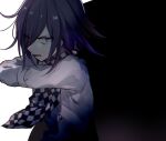  1boy arm_belt belt black_background black_scarf buttons checkered_clothes checkered_scarf commentary_request danganronpa_(series) danganronpa_v3:_killing_harmony eyes_visible_through_hair hair_over_one_eye hand_on_own_shoulder huyuharu0214 jacket long_sleeves looking_at_viewer male_focus oma_kokichi open_mouth purple_hair scarf short_hair simple_background solo two-tone_background two-tone_scarf upper_body v-shaped_eyebrows violet_eyes white_background white_belt white_jacket white_scarf 