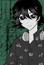  1boy bei_fengling chinese_commentary closed_mouth collared_shirt commentary_request green_background greyscale_with_colored_background hair_between_eyes headphones headphones_around_neck highres looking_at_viewer male_focus mo_terbium shirt short_hair smile solo touqi_guaitan upper_body 