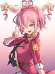  1girl artist_name breasts coat dated eiyuu_densetsu gradient_background green_eyes hair_bun highres juna_crawford large_breasts looking_at_viewer necktie one_eye_closed open_mouth pink_background pink_hair ribbon sen_no_kiseki sen_no_kiseki_iv simple_background smile solo uniform upper_body v willfin 