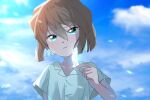  1girl blue_eyes bob_cut closed_mouth clouds cloudy_sky commentary_request dress feathers haibara_ai hair_between_eyes highres holding holding_feather light_brown_hair looking_at_viewer meitantei_conan pirkgk4869 short_hair short_sleeves sky smile solo upper_body wing_collar 