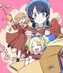  3girls :d ^_^ apron aqua_eyes arms_on_knees battery_indicator blonde_hair blue_apron blue_eyes blue_hair blue_hat blue_ribbon blush box brown_dress cardboard_box chopsticks closed_eyes closed_mouth crossed_bangs dark_blue_hair dress fang flower food food_art gradient_hair hair_flower hair_ornament hair_ribbon hasu_no_sora_school_uniform hat hinoshita_kaho holding holding_chopsticks holding_watering_can in_box in_container knees_up light_blue_hair link!_like!_love_live! long_hair long_sleeves looking_at_viewer love_live! low_twintails medium_dress medium_hair mokeo multicolored_hair multiple_girls murano_sayaka neckerchief open_mouth orange_hair osawa_rurino outstretched_arm parted_bangs pink_background pink_flower pleated_dress rabbit_hair_ornament red_neckerchief ribbon sailor_collar sailor_dress school_uniform sitting smile sparkle split_mouth standing tako-san_wiener twintails two_side_up v-shaped_eyebrows virtual_youtuber water_drop watering_can white_sailor_collar winter_uniform 