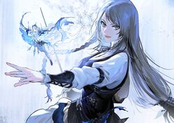 braid breasts dual_persona final_fantasy final_fantasy_xvi flying frills gapamopa grey_eyes highres holding holding_weapon jill_warrick large_breasts looking_at_viewer rapier shiva_(final_fantasy) simple_background snowflakes sword weapon 
