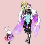  1boy 1other black_footwear black_hat blonde_hair cape cavendish closed_eyes curtsey dress hat holding holding_clothes holding_hat itowo_(itowc) one_piece pink_dress plume rabbit skirt_hold smile two-sided_cape two-sided_fabric 