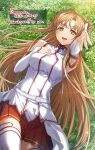  1girl absurdres armor armpits asuna_(sao) bare_shoulders brown_eyes brown_hair dress grass highres long_hair looking_at_viewer on_grass open_mouth outdoors red_skirt skirt smile sword_art_online thigh-highs thighs white_armor white_dress white_thighhighs yoru_kiri 