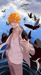  1boy absurdres black_kimono bleach blue_sky bug butterfly butterfly_on_hand clouds collarbone firewind grey_jacket grey_pants hair_between_eyes hand_in_pocket hell_butterfly highres jacket japanese_clothes kimono kimono_on_shoulders kurosaki_ichigo looking_at_viewer male_focus open_clothes open_jacket orange_eyes orange_hair pants school_uniform shihakusho shirt sky smile standing standing_on_liquid v-neck white_shirt 