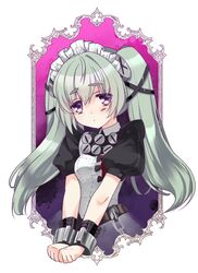  1girl apron belt black_dress border breasts brown_belt chain commentary_request corin_wickes cuffs dress green_hair hair_between_eyes highres imo_kitaakari long_hair looking_at_viewer maid maid_apron maid_headdress ornate_border outside_border puffy_short_sleeves puffy_sleeves screw_hair_ornament short_sleeves simple_background solo twintails upper_body violet_eyes white_apron zenless_zone_zero 