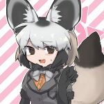  1girl :3 :d @_@ animal_ear_fluff animal_ears bat-eared_fox_(kemono_friends) black_gloves black_hair bow bowtie brown_eyes commission fox_ears gloves grey_hair grey_jacket hand_up jacket jmeysan kemono_friends looking_at_viewer multicolored_hair open_mouth orange_shirt shirt short_hair short_sleeves skeb_commission smile solo striped_background sweatdrop tail translation_request upper_body 