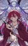  1boy carpaccio_luo-yang collared_shirt earrings facial_mark feathered_wings highres jewelry knife long_hair long_sleeves looking_at_viewer m_aizw mashle parted_lips purple_hair red_eyes red_robe redhead ring robe shirt short_hair spiky_hair white_shirt wings 