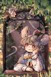  1girl ahoge animal_ear_fluff animal_ears arm_support artist_name commentary_request curtains flower grey_hair grey_shirt hand_on_own_cheek hand_on_own_face highres jewelry long_sleeves looking_at_animal mame_komari mouse_(animal) mouse_ears mouse_girl mouse_tail nazrin open_mouth pendant pink_flower red_eyes ribbon shirt short_hair smile solo tail touhou upper_body white_shirt window windowsill yellow_ribbon 