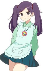  1girl apron blue_skirt blush collared_shirt cowboy_shot curakuru frown green_apron green_shirt grey_eyes highres long_hair long_sleeves loose_hair_strand mega_man_(series) mega_man_battle_network_(series) mega_man_battle_network_4 miniskirt parted_lips patchwork_clothes pleated_skirt purple_hair shirt shuko_kido_(mega_man) simple_background skirt solo sweatdrop twintails white_background 