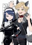  1boy 1girl adrien_agreste animal_ears black_gloves black_jacket black_pants blonde_hair blue_eyes blue_hair chain closed_mouth gloves green_eyes gun highres hm89509321 holding holding_gun holding_weapon jacket light_blush looking_at_another marinette_dupain-cheng miraculous_ladybug nun open_clothes open_jacket open_mouth pants smile tail weapon wolf_boy wolf_ears wolf_tail 