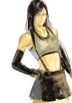  1girl bare_shoulders black_bra black_gloves black_hair black_skirt bra breasts cowboy_shot crop_top elbow_gloves final_fantasy final_fantasy_vii final_fantasy_vii_rebirth final_fantasy_vii_remake gloves hair_tie hand_on_own_hip highres light_smile long_hair looking_at_viewer low-tied_long_hair materia medium_breasts midriff miniskirt pleated_skirt red_eyes shirt sketch skirt sleeveless sleeveless_shirt solo sports_bra standing suspenders swept_bangs tifa_lockhart underwear white_background white_shirt xscr1205 