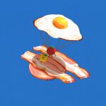  bacon blue_background egg_(food) food food_focus fried_egg ham issiki_toaki meat no_humans original parachute simple_background tomato vegetable 