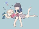  2girls barefoot beamed_eighth_notes black_hair blonde_hair blue_background blue_dress blush_stickers closed_eyes commentary dress eighth_note electric_fan full_body hashtag-only_commentary highres holding inoue_takina long_hair lycoris_recoil lycoris_uniform lying lying_on_lap lying_on_person medium_hair multiple_girls musical_note nishikigi_chisato on_stomach open_mouth red_dress simple_background sitting uud45gaotrcvkfg violet_eyes 