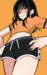  1girl absurdres black_hair chainsaw_man crop_top cross_scar highres looking_at_viewer midriff nail_polish navel ringed_eyes sailen0 scar scar_on_cheek scar_on_face scar_on_nose shirt shorts simple_background solo yoru_(chainsaw_man) 
