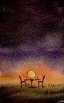  chair clouds cloudy_sky highres night night_sky no_humans original painting_(medium) shadow shibakaka sky star_(sky) starry_sky sun sunlight sunset table traditional_media watercolor_(medium) 