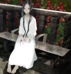  1girl absurdres barefoot bench black_eyes black_hair dress expressionless flower full_body highres junito715 long_hair looking_at_viewer original own_hands_together railing red_flower sitting solo white_dress 