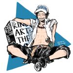  1boy belt black_hair black_pants brown_belt butterfly_sitting dagger dated facing_viewer freckles grin hat itowo_(itowc) jewelry knife male_focus necklace one_piece open_clothes open_shirt pants portgas_d._ace short_hair signature sitting smile solo weapon 