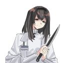  1girl absurdres arknights black_hairband brown_hair closed_mouth hairband highres holding holding_knife id_card knife lab_coat long_hair looking_at_viewer priestess_(arknights) simple_background smile solo upper_body violet_eyes white_background yazu_(zoddiacz) 