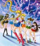  1990s_(style) 6+girls aino_minako ankle_boots back_bow bare_legs bishoujo_senshi_sailor_moon bishoujo_senshi_sailor_moon_r black_choker black_footwear black_hair black_sailor_collar black_skirt blonde_hair blue_background blue_bow blue_choker blue_eyes blue_footwear blue_hair blue_sailor_collar blue_skirt boots bow brooch brown_bow brown_hair choker circlet clenched_hands collarbone derivative_work double_bun earrings elbow_gloves full_body garnet_rod gloves green_choker green_eyes green_footwear green_hair green_sailor_collar green_skirt hair_bobbles hair_bow hair_bun hair_ornament hairpin high_heels high_ponytail highres hino_rei holding holding_staff jewelry kino_makoto knee_boots legs_apart legs_together light_particles lightning long_hair magical_girl marco_albiero meiou_setsuna mizuno_ami multiple_girls orange_choker orange_footwear orange_sailor_collar orange_skirt parted_lips pink_bow pleated_skirt purple_bow red_bow red_choker red_eyes red_footwear red_sailor_collar red_skirt retro_artstyle sailor_collar sailor_jupiter sailor_mars sailor_mercury sailor_moon sailor_pluto sailor_senshi sailor_senshi_uniform sailor_venus serious shoes short_hair single_hair_bun skirt staff standing standing_on_one_leg star_(symbol) star_earrings tsukino_usagi twintails violet_eyes white_gloves 