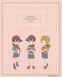  3boys baseball_cap blue_shorts box closed_eyes closed_mouth flower full_body gift gift_box happy_mother&#039;s_day haru-cho hat highres holding holding_flower holding_gift lucas_(mother_3) male_focus mother&#039;s_day mother_(game) mother_1 mother_2 mother_3 multiple_boys ness_(mother_2) ninten red_flower red_hat red_rose rose shirt shoes short_sleeves shorts sideways_hat simple_background socks standing striped_clothes striped_shirt sunflower twitter_username yellow_flower 