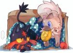  ... animal_focus black_fur blue_eyes brown_fur colored_sclera commentary_request dog litten no_humans pokemon pokemon_(creature) red_eyes red_fur rockruff simple_background snout spoken_ellipsis sweat tail torisan_7_7 whiskers white_background yellow_sclera 
