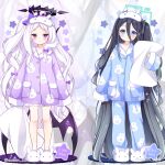  2girls absurdly_long_hair aris_(blue_archive) black_hair black_horns blue_archive blue_eyes blue_pajamas blush closed_mouth demon_horns demon_wings full_body green_halo halo hina_(blue_archive) horns long_hair multiple_girls one_side_up pajamas pillow purple_pajamas purple_wings sleeves_past_fingers sleeves_past_wrists slippers subin_(subin_2011) twitter_username very_long_hair violet_eyes white_hair wings zoom_layer 