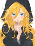  absurdres blonde_hair blue_eyes breasts collarbone commentary_request finger_to_mouth hair_between_eyes highres hood hoodie kurozumip light_smile lily_(vocaloid) long_hair medium_breasts messy_hair shushing solo upper_body vocaloid 