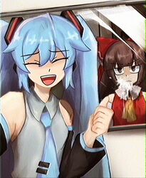  2girls :d ascot black_sleeves blue_hair blue_necktie bow brown_eyes brown_hair collared_shirt commentary crossover detached_sleeves english_commentary grey_shirt hair_bow hakurei_reimu hatsune_miku highres lad_der long_hair multiple_girls necktie pointing pointing_at_another red_bow shirt sleeveless sleeveless_shirt smile touhou twintails unamused upper_body vocaloid window yellow_ascot 