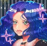  1girl blue_hair close-up commentary_request eyelashes eyeshadow fur-trimmed_jacket fur_trim glowing glowing_hair gold_eyeshadow green_eyes jacket long_eyelashes long_hair looking_to_the_side makeup one_piece parted_lips paula_(one_piece) pink_lips solo sparkle washiko wavy_hair 